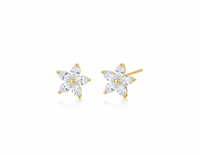 Dainty Floral Stud Earrings with Marquise Cut CZ Stones