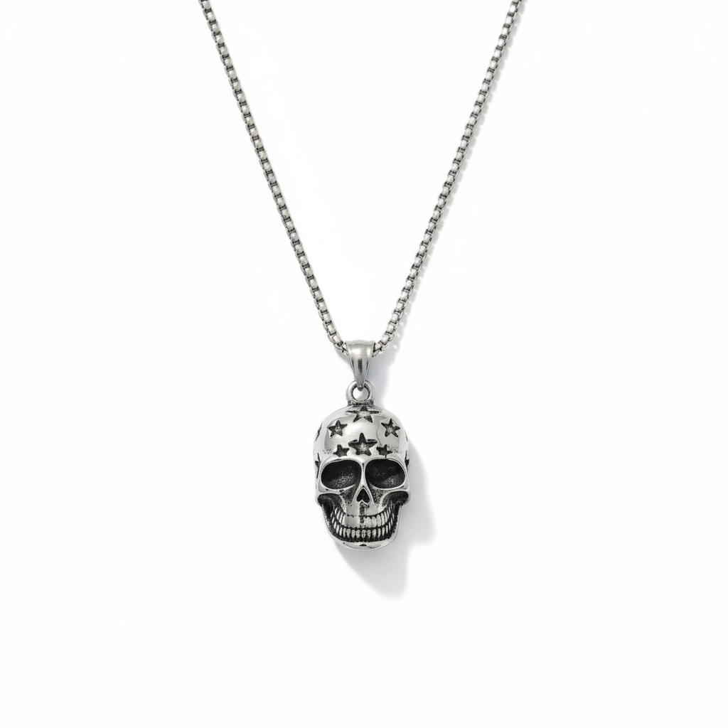 Silver Star Skull Pendant Necklace