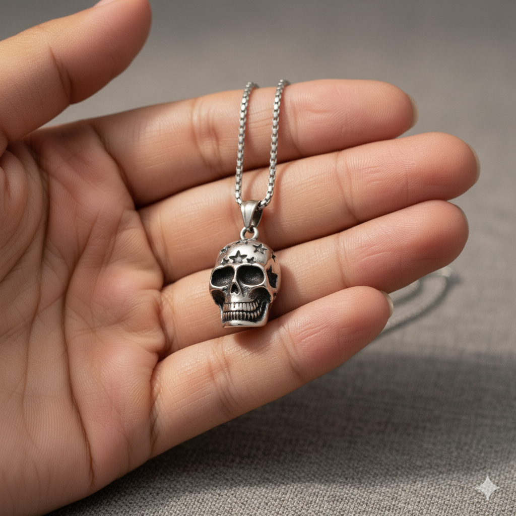 Silver Star Skull Pendant Necklace