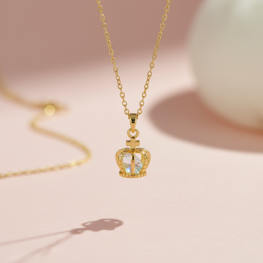 Gold Plated Royal Crown Pendant Necklace