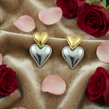 Gold & Silver Double Puffy Heart Drop Earrings