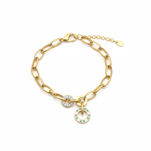 Golden Oval Link Bracelet with Mosaic and Pave Crystal Charms