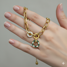 Golden Oval Link Bracelet with Mosaic and Pave Crystal Charms