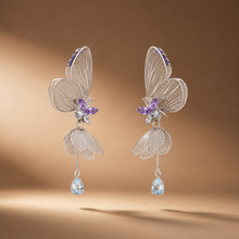Silver Butterfly Wing Amethyst White Stone Earrings