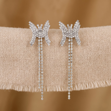 Silver Crystal Butterfly Tassel Chain Drop Earrings