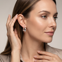 Silver Plated Wide Dome Hoop Earrings woman wear