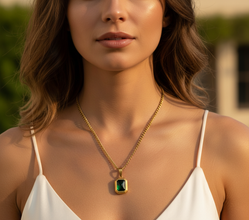 Woman wearing a Green Emerald Gold Plated Pendant